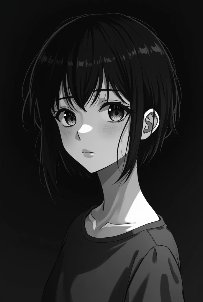black and white anime style girl female short hair, without big eyes
