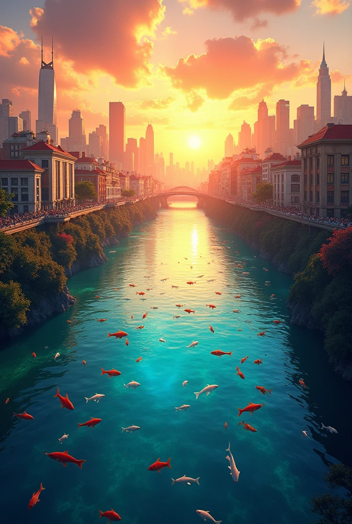 a city with a yellow tone under a flowing river with fish, sunset, fish underwater, high detailed, cinematic lighting, vibrant colors, photorealistic, award winning image quality, intricate details, 8k, masterpiece