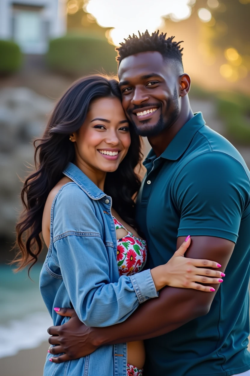 A photo of Tina Nguyen, an Asian woman at Howard university. She is Asian and Curvy as hell wearing a bikini. Hanging with her athletic African American linebacker boyfriend at the beach.