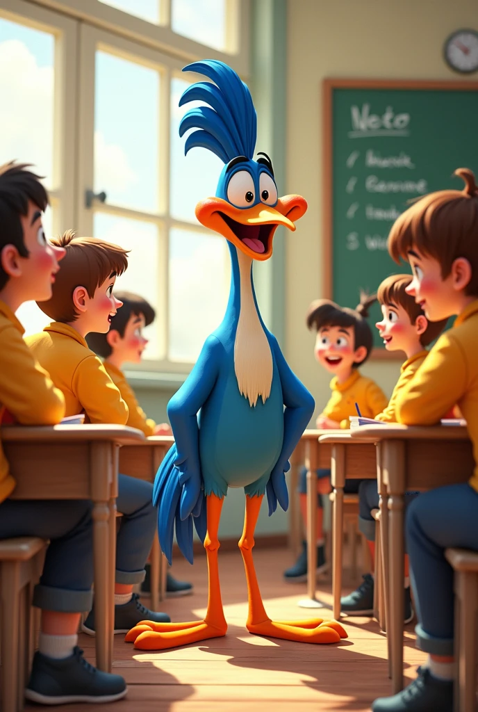 draw a picture of the chubby roadrunner talking to teenagers in a yellow uniform in a classroom