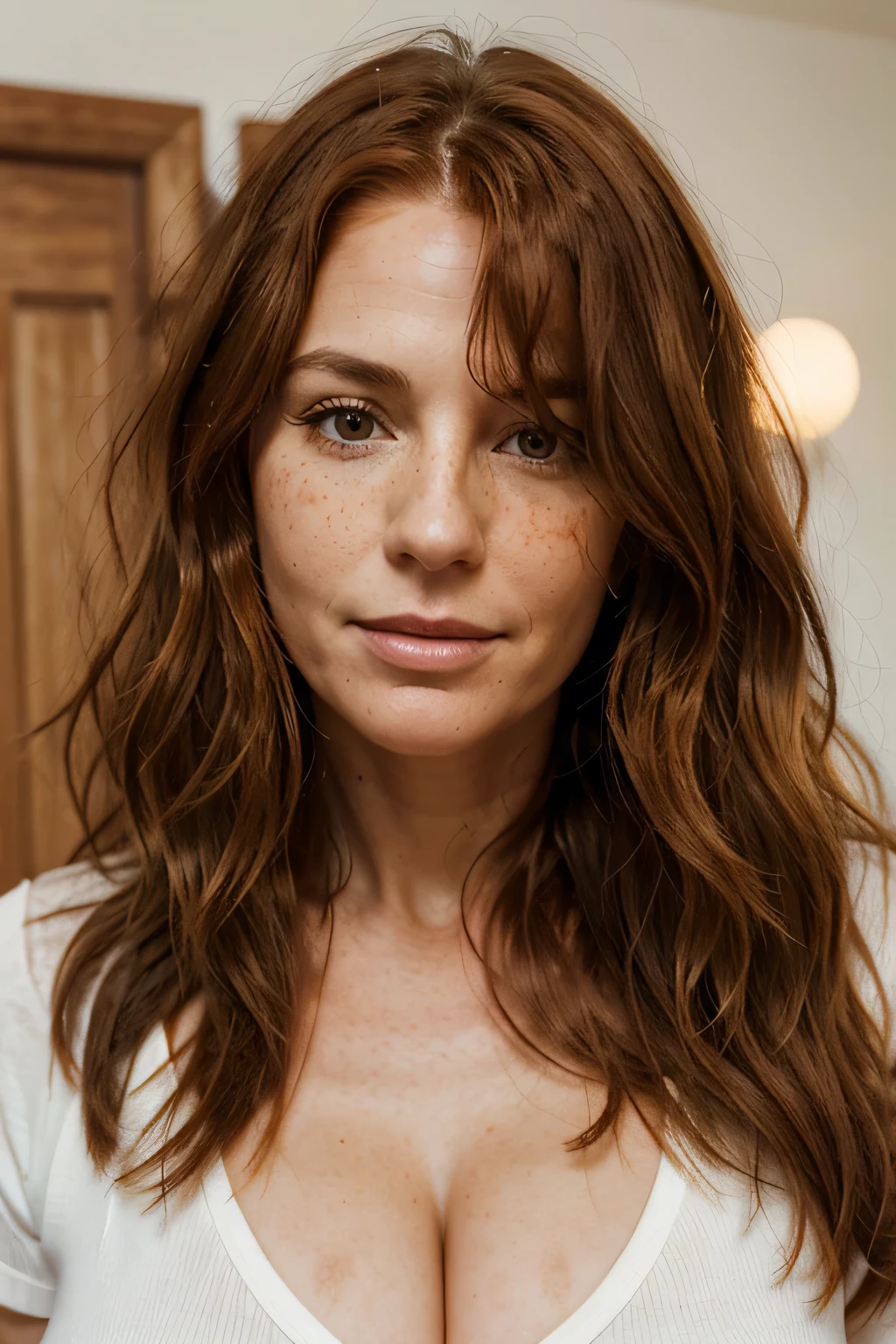 A 50-year-old mom with long, wavy red hair, freckles, a large chest, a face with fine features and texture, slight wrinkles typical of a 50-year-old woman, and a very realistic face.