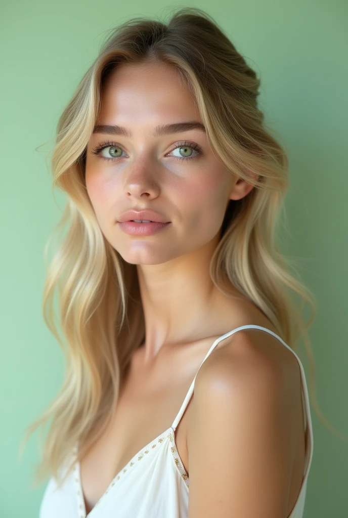 (photorealism:1) A white skin, light blonde, pretty 20 y/o girl, with big green eyes, straight nose and full lips. Soft face features. Very long medium wavy hair with madium fringe. Wearing a white dress. With a light green background.