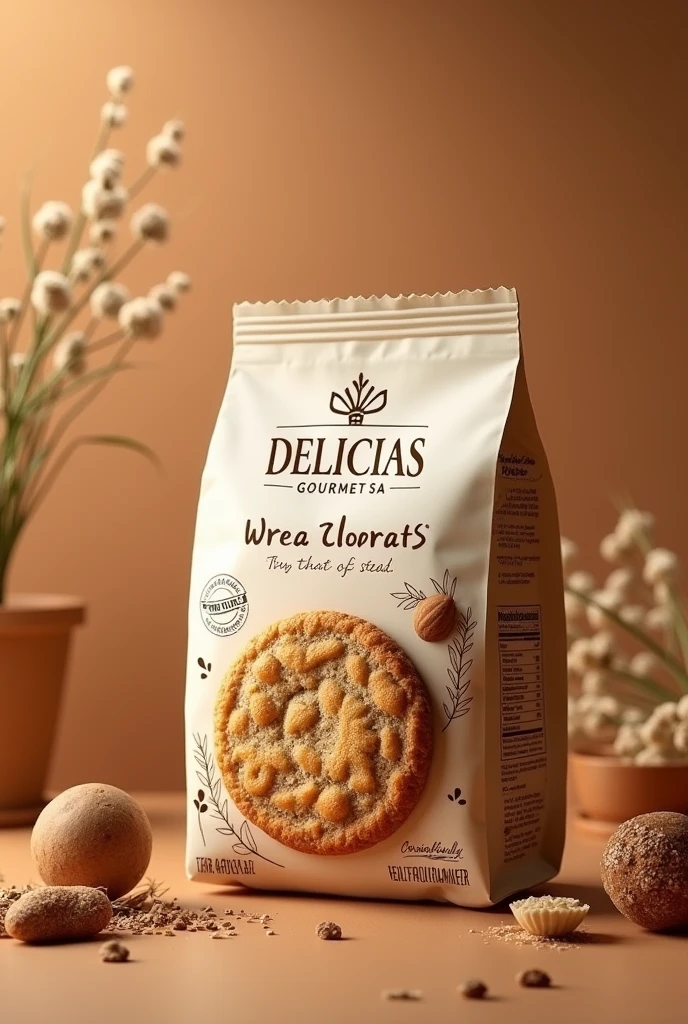 (photorealism:1.2), Propose a graphic design of a company called "DELICIAS GOURMET SA" which specializes in whole wheat cookies with nuts, a small package, de 138 g, that is most attractive to the target consumer, that conveys the image of a healthy product and complies with labeling regulations (nutritional information, ingredients, etc.)