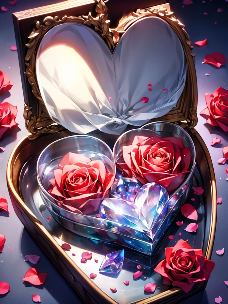 a glass heart lies in a crystal box strewn with roses and around the box lie rose petals