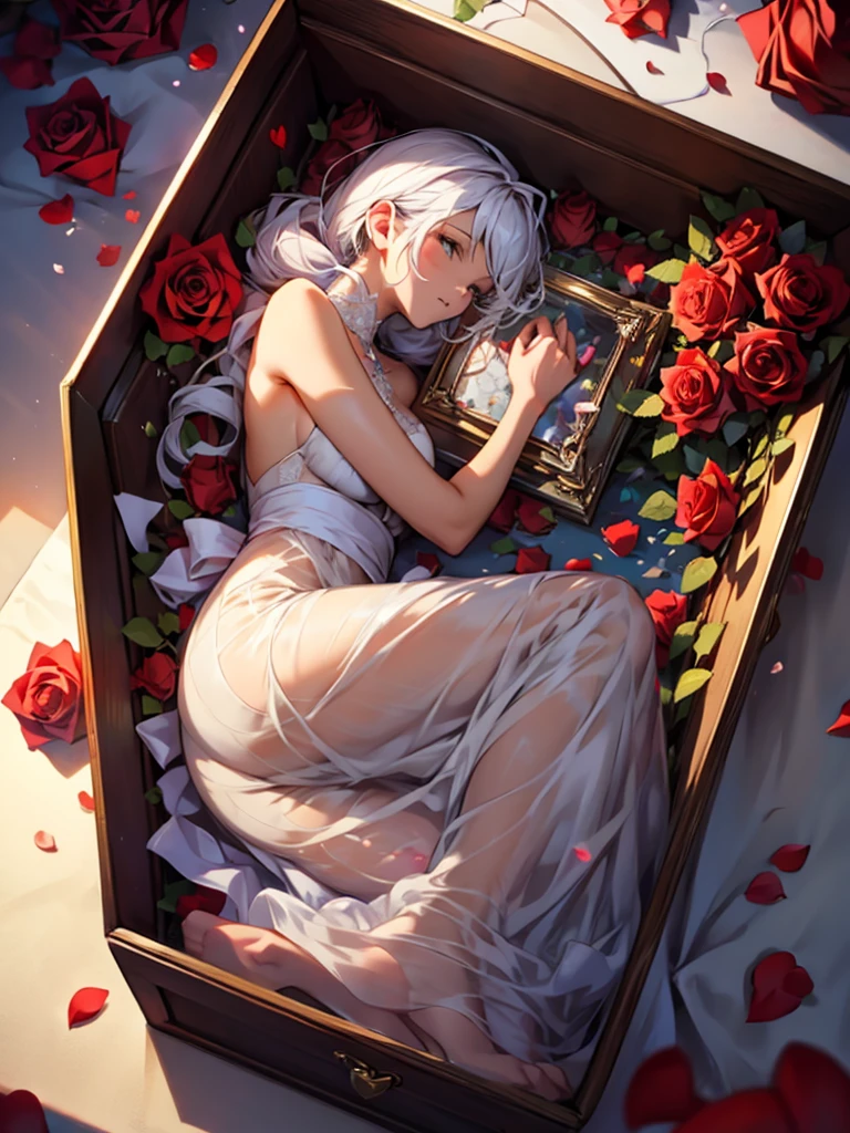 a glass heart lies in a crystal box strewn with roses and around the box lie rose petals