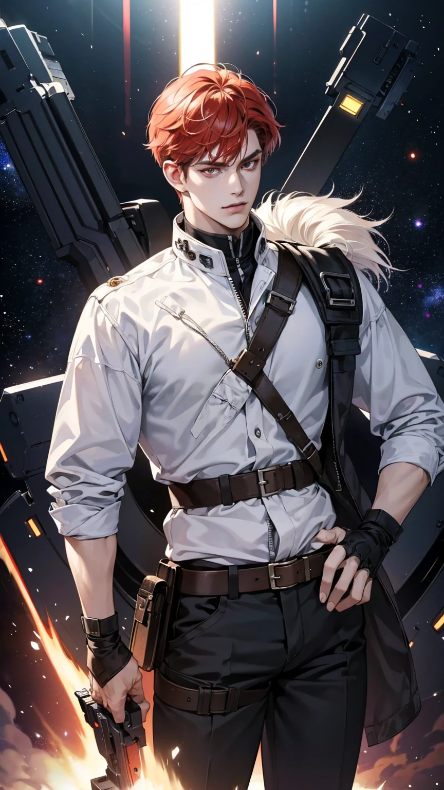 {(best quality, 8k, masterpiece, HDR, soft lighting, perfect image, digital illustration, manhwa art, hyper detailed image, perfect lines, realistic)} 1 very handsome man, short red hair, bright white eyes, black space pirate clothing, intimidating, 1 metal arm, space gun on belt holster, (imposing posture, smirking expression), {(space background inside spaceship}