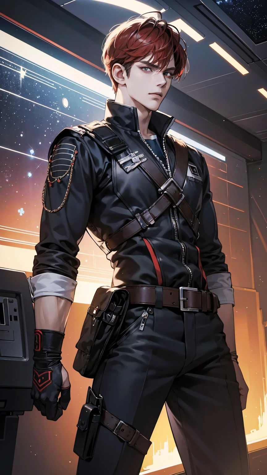 {(best quality, 8k, masterpiece, HDR, soft lighting, perfect image, digital illustration, manhwa art, hyper detailed image, perfect lines, realistic)} 1 very handsome man, short red hair, bright white eyes, black space pirate clothing, intimidating, 1 metal arm, space gun on belt holster, (imposing posture, smirking expression), {(space background inside spaceship}