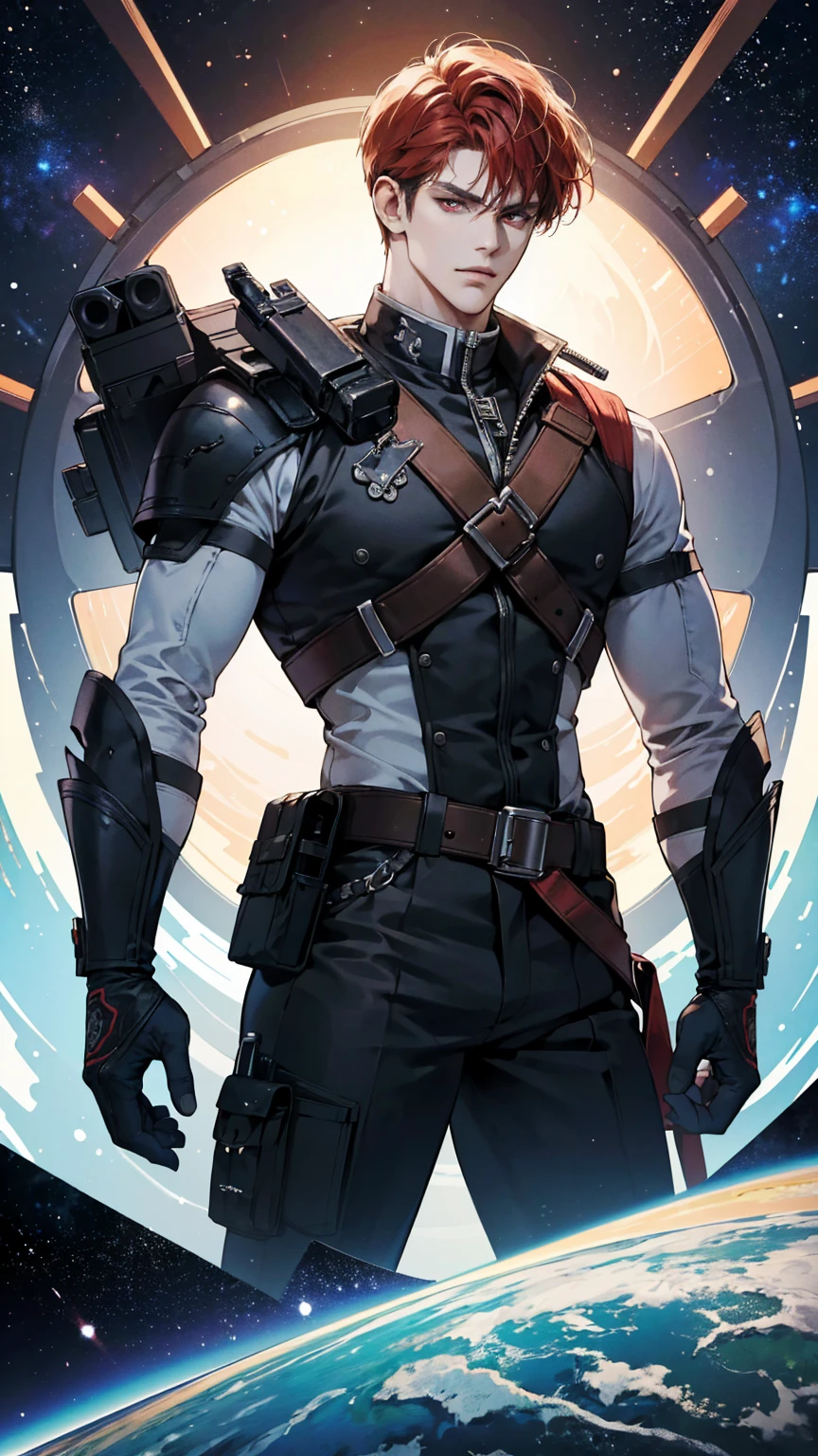 {(best quality, 8k, masterpiece, HDR, soft lighting, perfect image, digital illustration, manhwa art, hyper detailed image, perfect lines, realistic)} 1 very handsome man, short red hair, bright white eyes, black space pirate clothing, intimidating, 1 metal arm, space gun on belt holster, (imposing posture, smirking expression), {(space background inside spaceship}