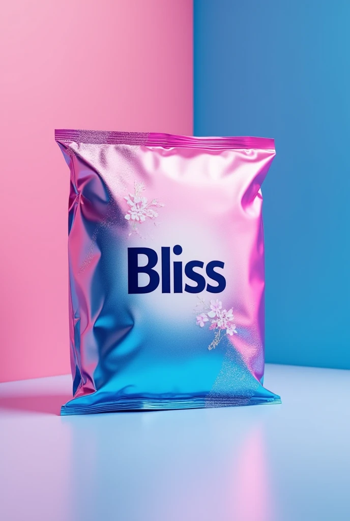 make  a detergent packet in pink and blue color with name bliss with dark colors

write washing powder more attractive