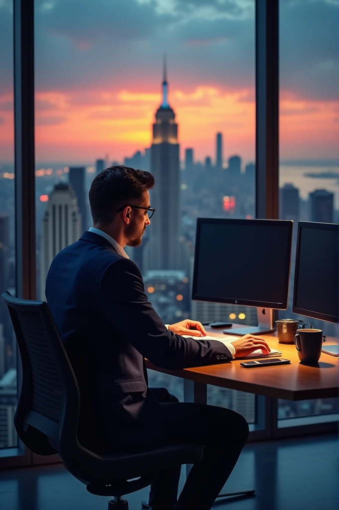 A businessman in a dark blue suit is sitting at a sleek wooden desk in a modern office. The desk features two computer monitors with their backs facing the camera, and the businessman is working intently on one of the monitors. The room has large windows behind the businessman, offering a breathtaking view of a city skyline illuminated by evening lights. The sky outside transitions from orange to dark blue, indicating sunset. On the desk, there is a notebook, a smartphone, and a coffee cup, adding to the professional yet cozy atmosphere. The camera angle is positioned to capture the businessman’s face and the back of the monitors, with the cityscape visible through the windows behind him.