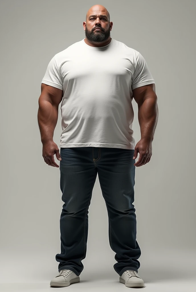 Make me 7' 3" tall muscular man. Wearing jeans and white shirt