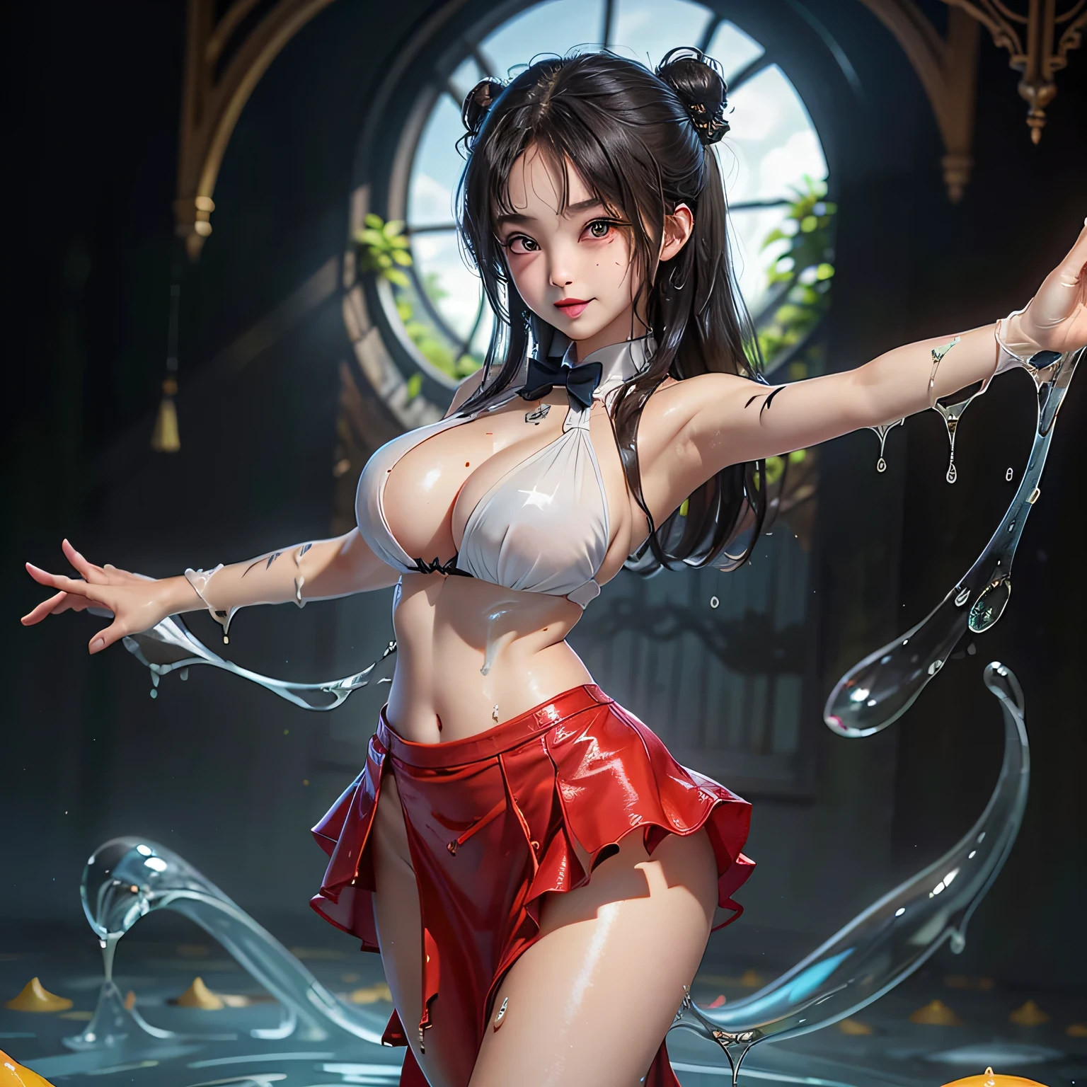 (Back view)、Super detailed、(Raw photo)、masterpiece、8k、(Highest quality)、(High resolution:1.3)、(Ultra-Details)、Angle from below、(Perfect Anatomy:1.3)、1 skin-colored slime、(Skin-colored slime girl in school uniform)、Turn around to look at the viewer、(Beautiful Eyes)、A confident smile、(Super hourglass body type:1.5)、(Super big breasts pointing upwards:1.7)、(Erect nipples)、(Narrow waist)、(Wide super big ass:1.2)、Black Hair、bangs、(White school shirt)、(Super mini pleated skirt)、Uniform bow tie、Increased transparency、(Super see-through:1.2)、Japanese school classroom、(Sexy and acrobatic poses and gestures)、Correct fingers、Open your legs and stick your buttocks out、(She is a slime girl who can freely change her body shape.:1.5)、(Her legs from the thighs down were turned back into flesh-colored slime and spread across the floor.:1.5)、(Her hair and entire body are visible through it.:1.5)、magical realism