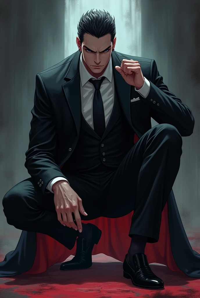 anime art: a suited masculine vampire guy wearing black transparent sheer socks squatting down, flexing bicep