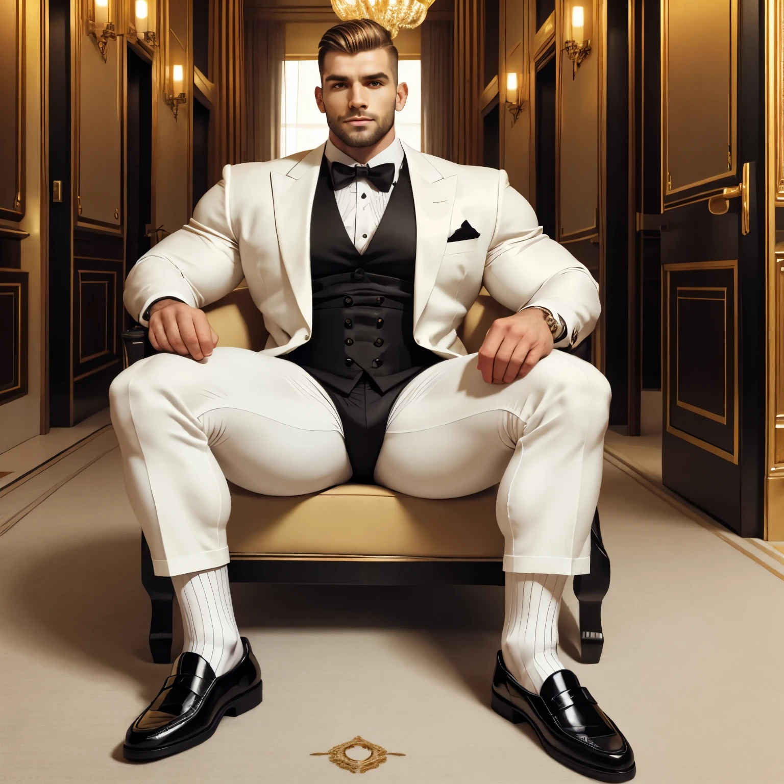 full view, full body, one over-muscular over-bodybuilded handsome white european guy with light-brown undercut haircut, very thin beard, no moustache, wearing white lycra full-suit looking like a tuxedo with black bow tie, black silky satin socks and black patent mens loafers, golden rings, waiting seated on armchair in the hall of luxurious palace hotel in Paris, shoes and black socks must be seen