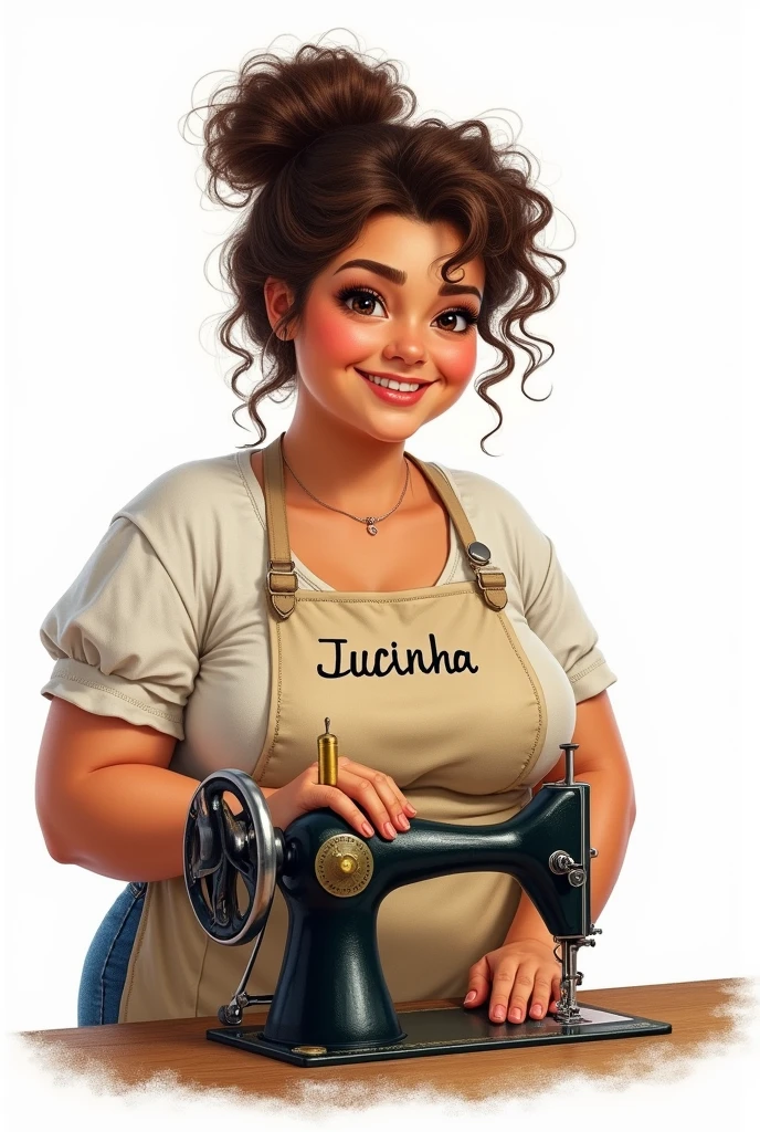 Drawing of a chubby Brazilian woman with curly hair tied up with a sewing machine and a white background with her name on the apron Lucinha