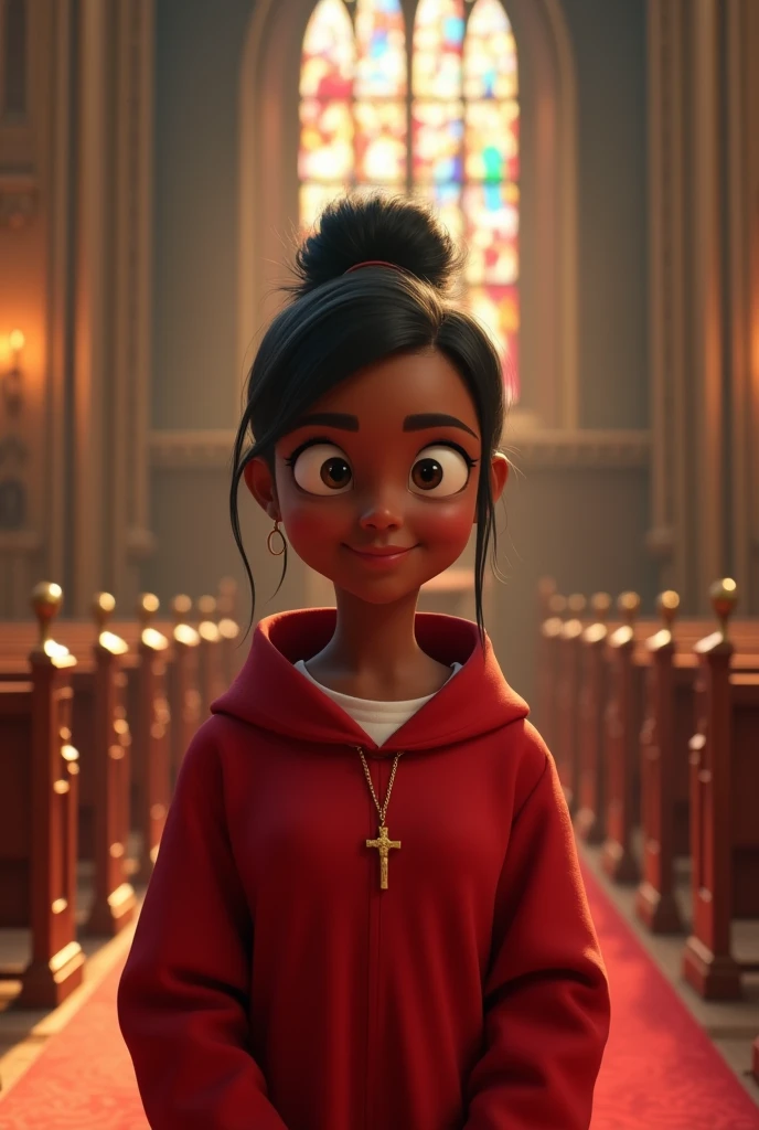 Pixar-inspired 3D poster of a young black woman with straight hair TIED in a bun, wearing a red acolyte's robe,with a small crucifix around his neck, inside a church