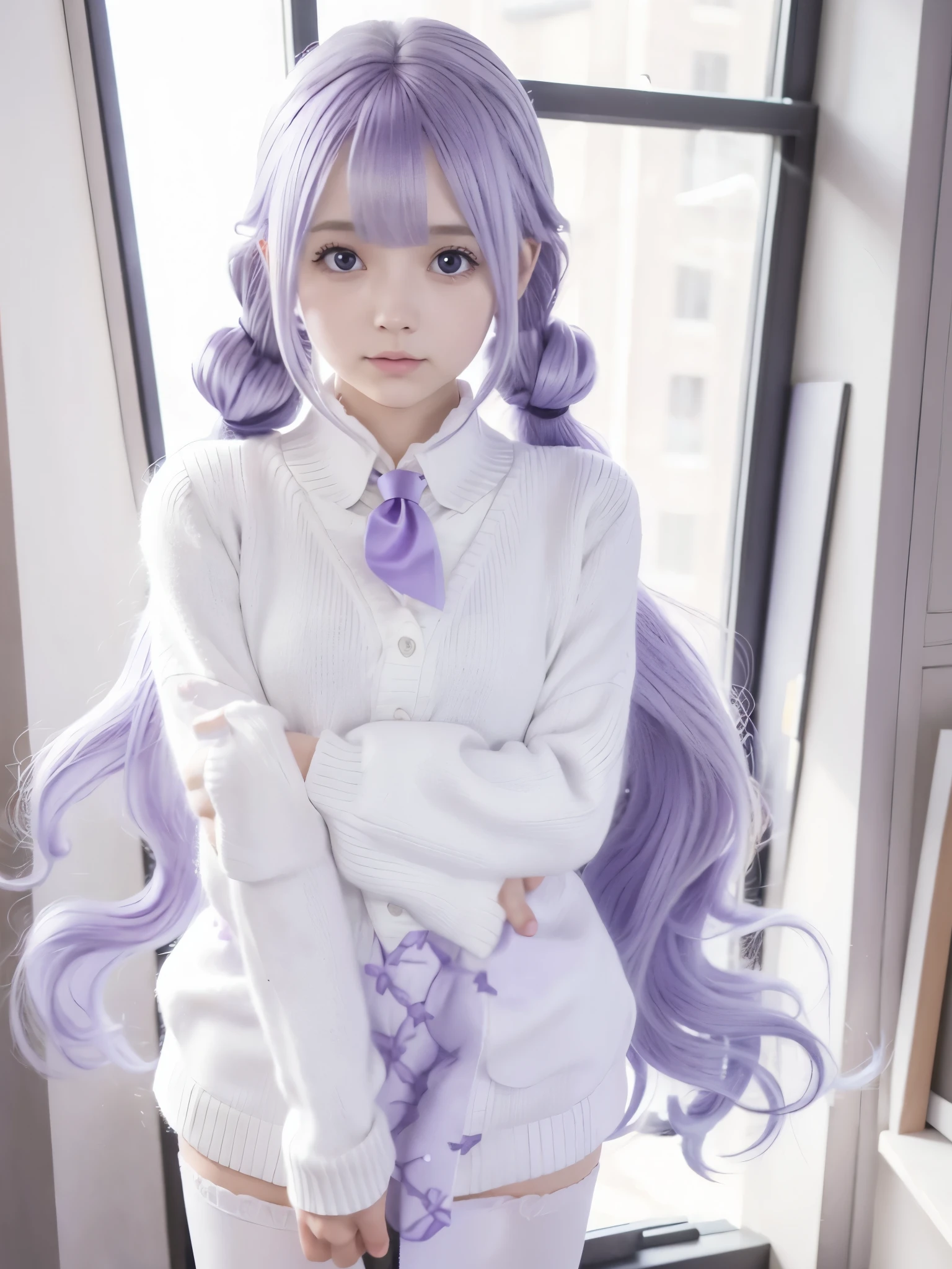 masterpiece,best quality,1girl,solo,unicorn,(light purple hair),low twintails,light purple hair,standing,white cardigan,white pantyhose,hair ornament,black scrunchie,pleated skirt,pink neckerchief,holding_gift,indoor