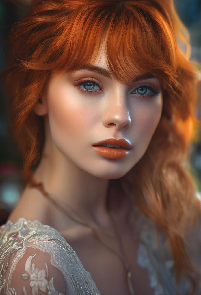 girl with orange hair, beautiful detailed eyes, beautiful detailed lips, extremely detailed eyes and face, long eyelashes, portrait, cinematic lighting, dramatic lighting, fantasy, magic, beautiful detailed skin, intricate details, delicate features, dreamy atmosphere, elegant, graceful, ethereal, whimsical, warm color tones, vibrant colors, glowing, radiant, magical realism, high quality, 8k, photorealistic, detailed