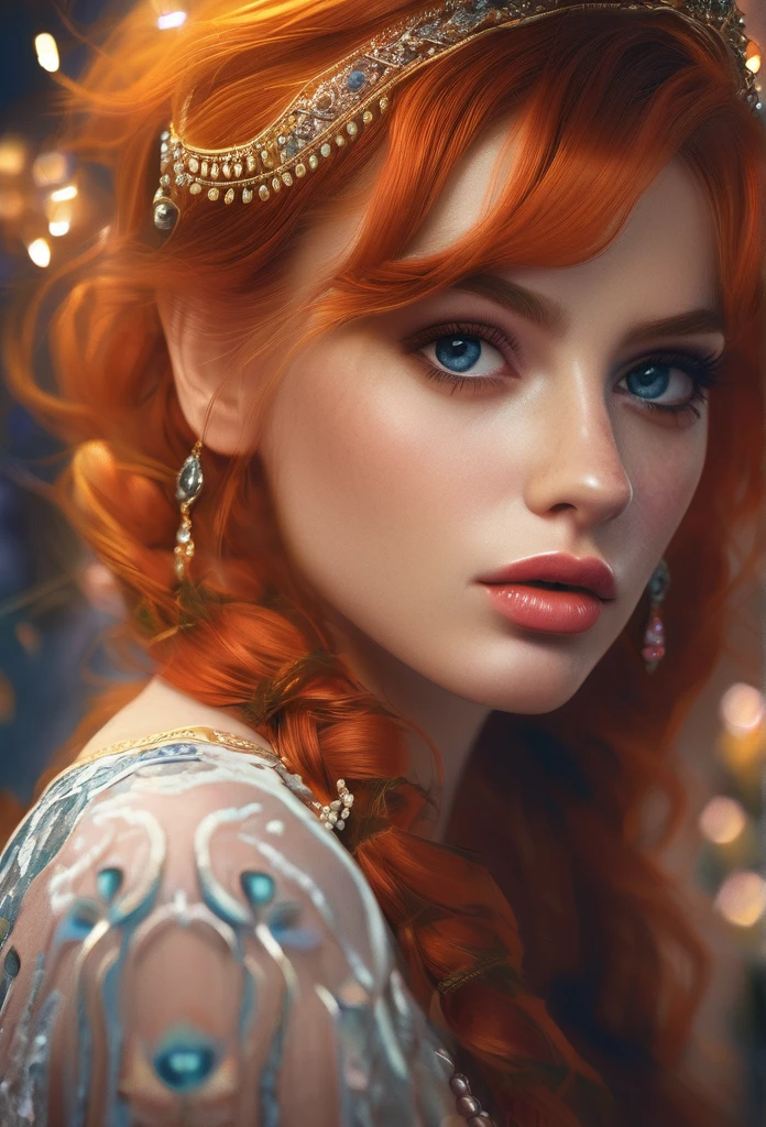 girl with orange hair, beautiful detailed eyes, beautiful detailed lips, extremely detailed eyes and face, long eyelashes, portrait, cinematic lighting, dramatic lighting, fantasy, magic, beautiful detailed skin, intricate details, delicate features, dreamy atmosphere, elegant, graceful, ethereal, whimsical, warm color tones, vibrant colors, glowing, radiant, magical realism, high quality, 8k, photorealistic, detailed