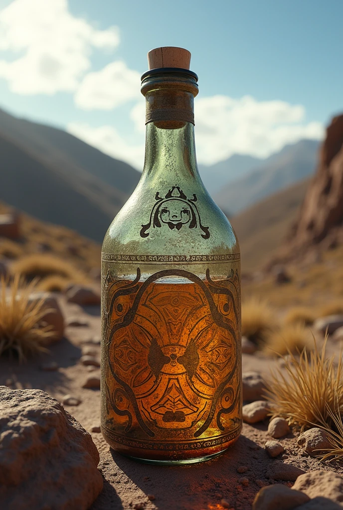 Ancestral healing in an ancient bottle for Kari Kari region of Bolivia Altiplano with letters in Aymara language