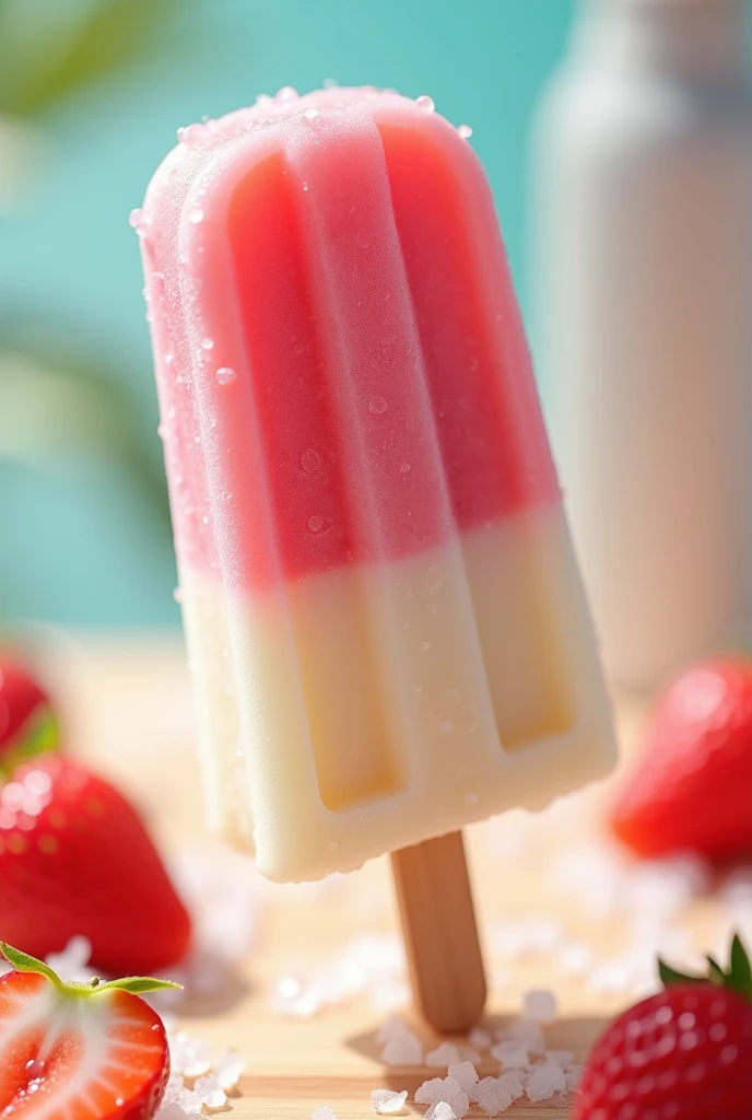 Double-color strawberry and coconut ice cream popsicle