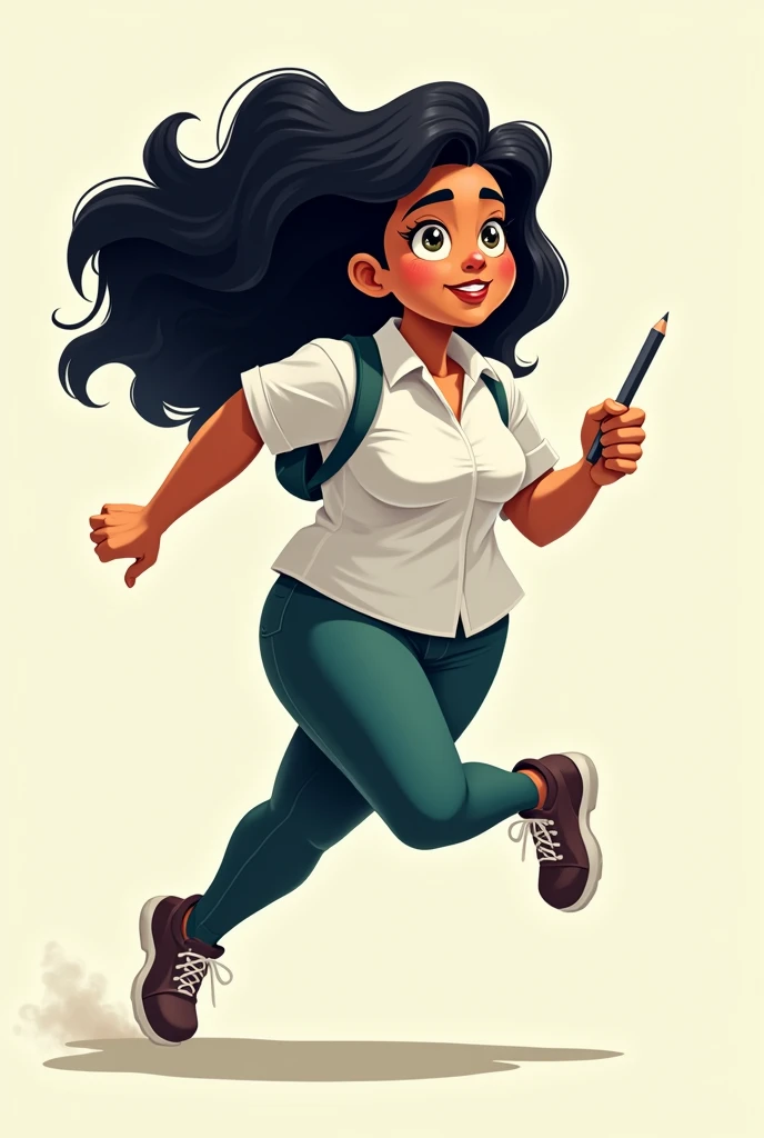 Cartoon of a woman with long black hair running to the side, black eyes, broad nose, round face, weighing about 60 kilos, mixed skin color, that looks like a teacher.