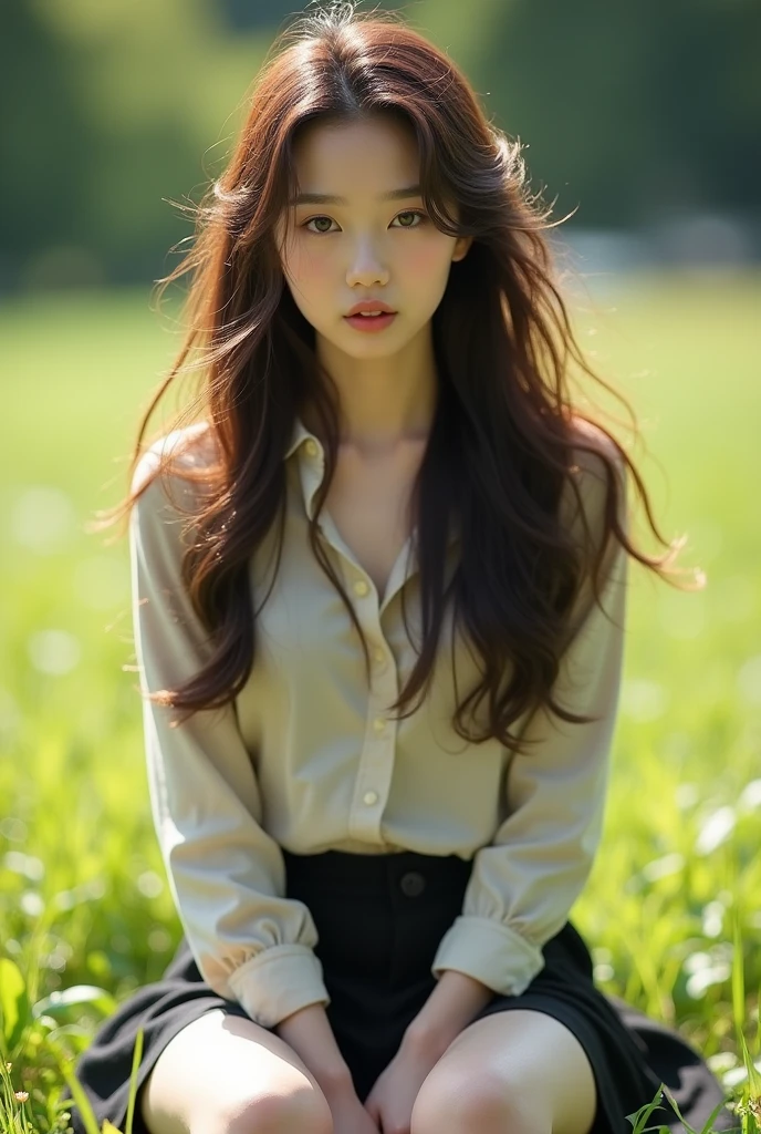 ((best quality, 8K, masterpiece: 1.3)), beautiful korean girl, pure, melon face, pleading eyes, open mouth, intimate desire, slender body, (front), (tilted head), long brown wavy hair, windy hair, long flowing shoulders, round black big eyes, rblack ound glasses, clear big eyes, moist red lips, sweet, sit down front view on green grass of meadow, backlighting, ((wide open legs:1.5)), blured background, bright lighting, open mouth, pleading eyes, ((((whole body)))), sexy slender legs, small firm breasts, lift your skirt, ((slim muscular body)), (M-legs:1.5), ((lifting you own skirt:1.5)), wearing thight open shirt and black pencil miniskirt, upskirt white panties, tilted head, (arms freely behind back)