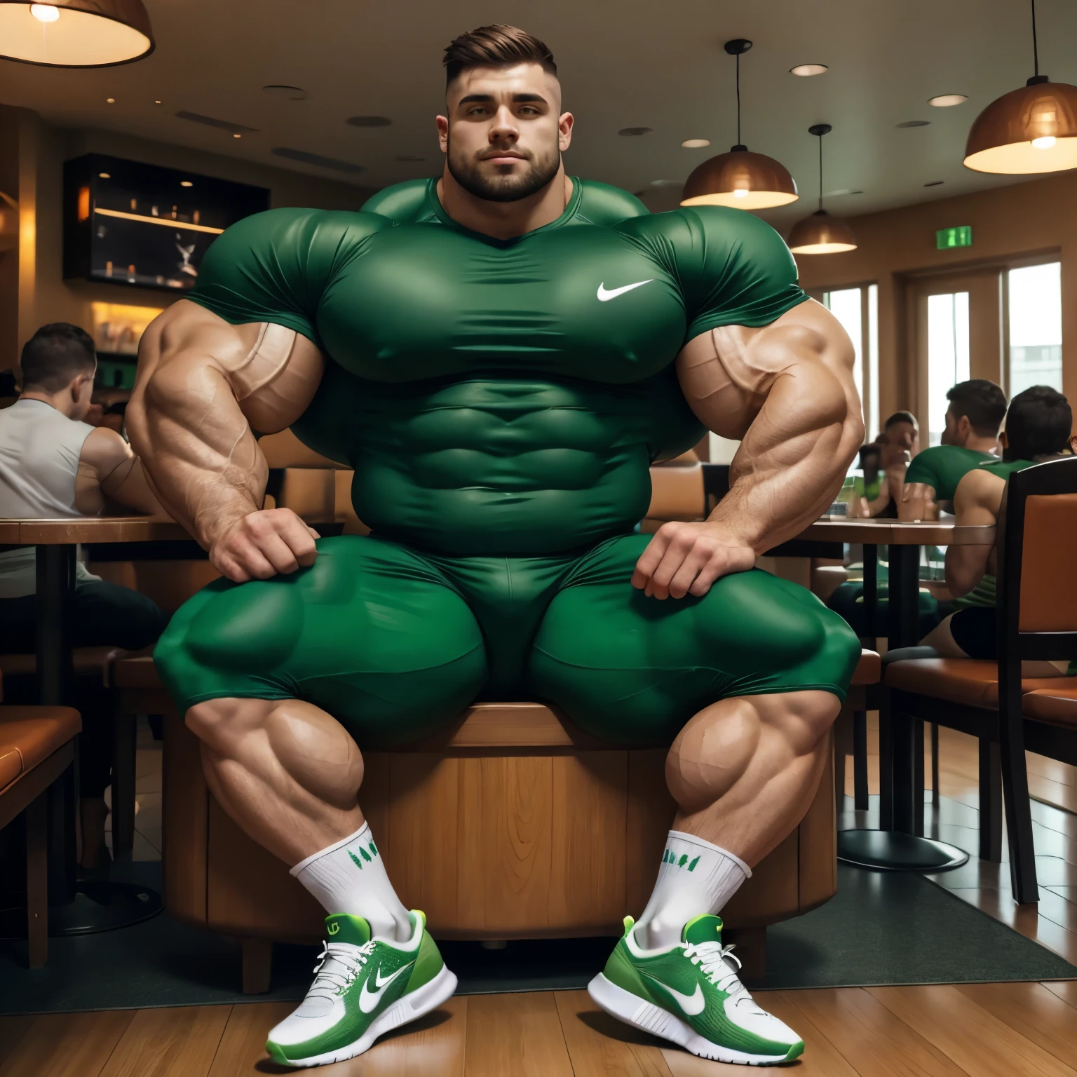 full view full body, A white 25 yo bodybuilder male with undercut light-brown haircut, eating protein powder in bowl, is wearing a tight lycra dark-green shirt and dark-green lycra shorts, green lycra socks and white Nike air max trainers, flexing his over-Muscular arms showing off over-bloated triple biceps bigger than his head .he has enormous muscles and over-bloated pecs, over-inflated shoulders and back, sitting at a table in popular restaurant, socks and shoes must be seen