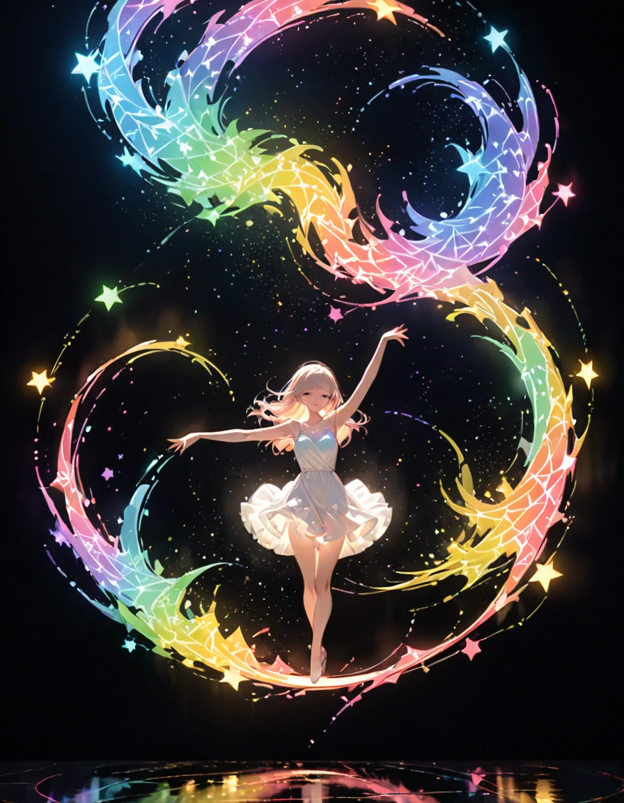 detailed textures, high quality, high resolution, high precision, realism, color correction, correct lighting settings, harmonious composition. A girl is dancing acrobatically in the starry sky, surrounded by constellations, on black background, white stars and lines forming constellations around her silhouette, light art installation style, high resolution, dreamy effect, fantastic scenery, minimalist design. --ar 3:4 --niji 6