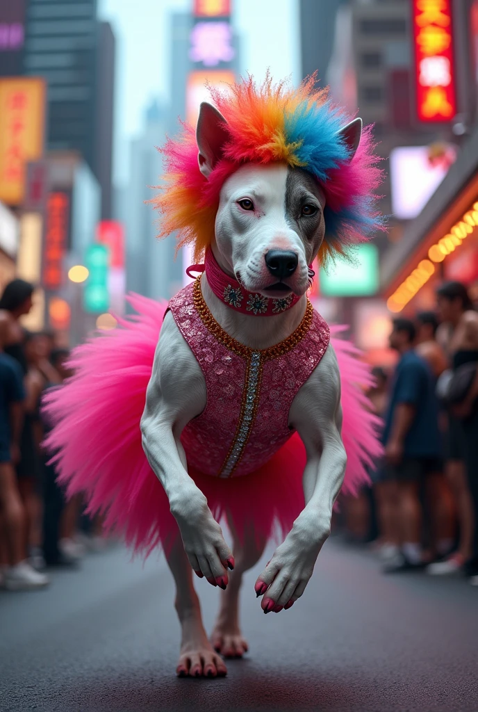 Bull terrier dog in transvestite form, parading through the streets.