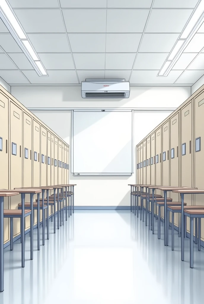 Create a drawing of a classroom with lockers and air conditioning, remember it is similar to a drawing and without students.