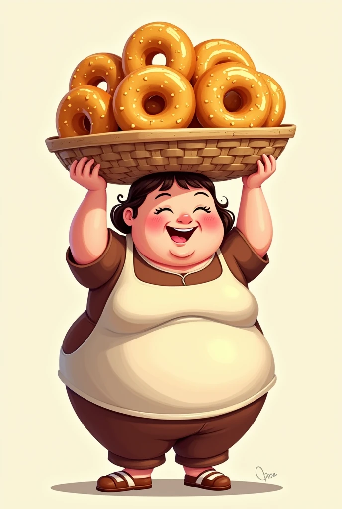 A logo-like cartoon of a short, somewhat plump woman with a beautiful, friendly smile carrying a basket of yellow, wafer-less donuts on her head