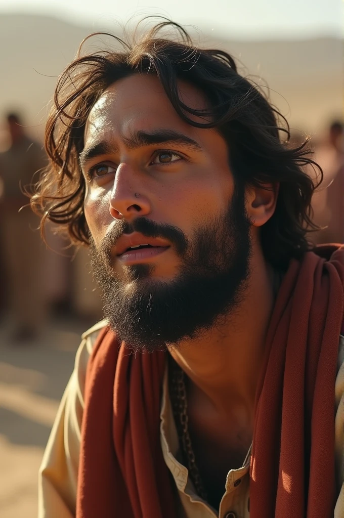 ((best quality)), ((masterpiece)), (detailed), perfect face
Bartimeu, a blind man, sitting by the roadside in Jericho, hearing that Jesus of Nazareth is passing by, screams desperately for help, as the crowd around him tries to silence him.