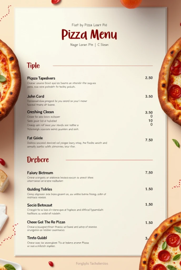 Could you create an image about a simpler pizza menu that contains shadows but has images of pizza?