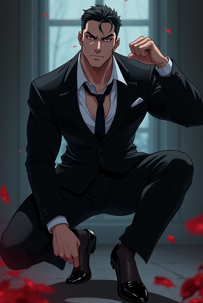 anime art: a suited masculine vampire guy wearing black transparent sheer socks squatting down, flexing bicep