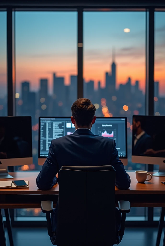 A businessman in a dark blue suit is sitting at a sleek wooden desk in a modern office. The desk features two computer monitors with their backs facing the camera, and the businessman is working intently on one of the monitors. The room has large windows behind the businessman, offering a breathtaking view of a city skyline illuminated by evening lights. The sky outside transitions from orange to dark blue, indicating sunset. On the desk, there is a notebook, a smartphone, and a coffee cup, adding to the professional yet cozy atmosphere. The camera angle is positioned to capture the businessman’s face and the back of the monitors, with the cityscape visible through the windows behind him.