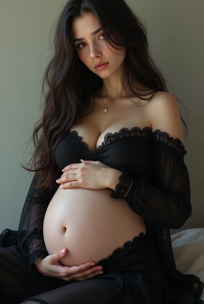 a girl who is pregnant , about 5 months ,
Who has marked hair , crimson red eyes , Pale skin and so pretty with somewhat elegant clothes with dark colors