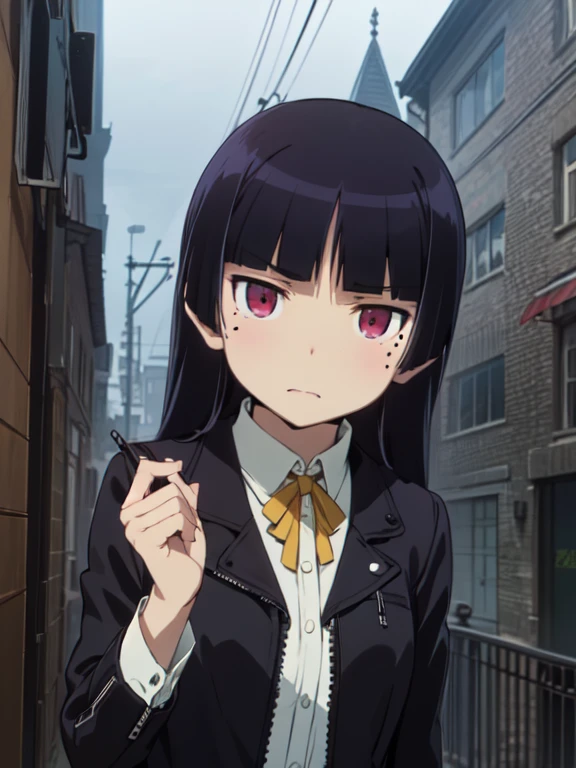 (ruri gokou), , alone, Hime cut, Mole under the eye, Red eyes, (Black Leather Jacket), Gothic background, Abandoned Castle, A little dark atmosphere, Cruel Beauty
