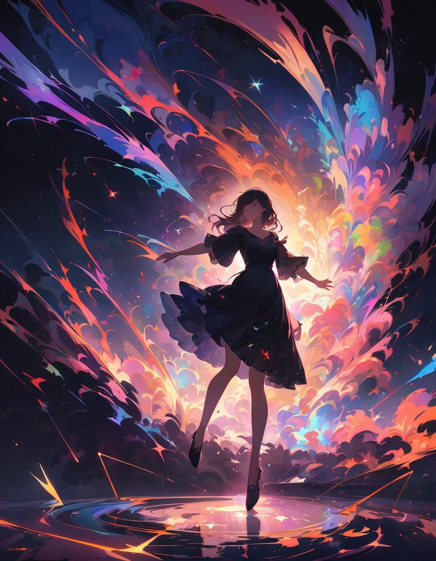 detailed textures, high quality, high resolution, high precision, realism, color correction, correct lighting settings, harmonious composition. A girl is dancing acrobatically in the starry sky, surrounded by constellations, on black background, white stars and lines forming constellations around her silhouette, light art installation style, high resolution, dreamy effect, fantastic scenery, minimalist design. --ar 3:4 --niji 6