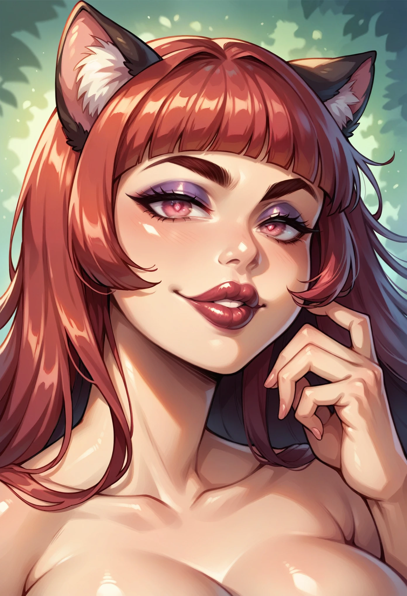 1girl, maroon red hair,(shiny lipstick) (pink eyes), long hair, detailed face, cat ears, large breasts, long eyelashes, sexy, big lips, soft eyebrows, straight brows, (small smile, smirk, closed lips, big plump lips, eyeshadow) shiny skin, beautiful eyes,(detailed eyes, downward angle, sharp eyes, clear pupils:0.8), blunt bangs, lewd, sweet bratty face, full body, miniskirt