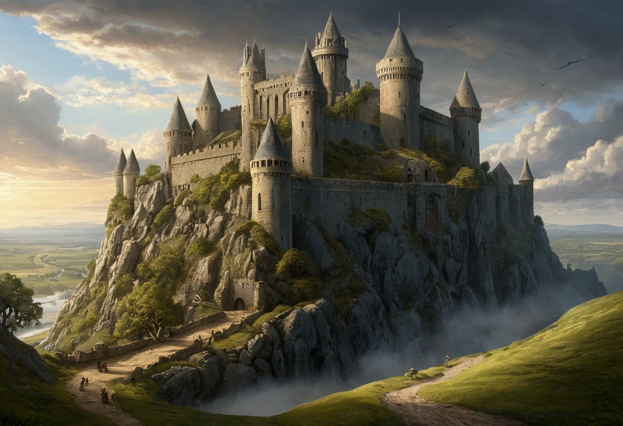 Créez des chefs-d'œuvre dystopiques,Représentez une forteresse détruite dans un style artistique conceptuel de jeu réaliste.. L'œuvre d'art doit évoquer un sentiment de désolation et de désespoir antique , monde de Tolkien. Gardez un œil sur les subtilités des détails, netteté, et une description très détaillée de la citadelle en ruines. Inspirez-vous des styles artistiques de Wayne Barlow et Zdislav Beksiński. Livrez cette image au format d'affichage vidéo, Montrez la sombre beauté de ce monde en décomposition.