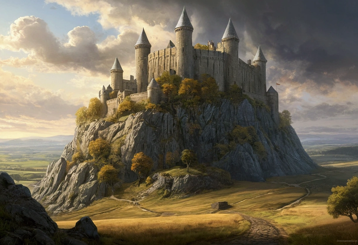 Créez des chefs-d&#39;œuvre dystopiques，Représentez une forteresse détruite dans un style artistique conceptuel de jeu réaliste.. L&#39;œuvre d&#39;art doit évoquer un sentiment de désolation et de désespoir antique , monde de Tolkien. Gardez un œil sur les subtilités des détails, netteté, et une description très détaillée de la citadelle en ruines. Inspirez-vous des styles artistiques de Wayne Barlow et Zdislav Beksiński. Livrez cette image au format d&#39;affichage vidéo, Montrez la sombre beauté de ce monde en décomposition.