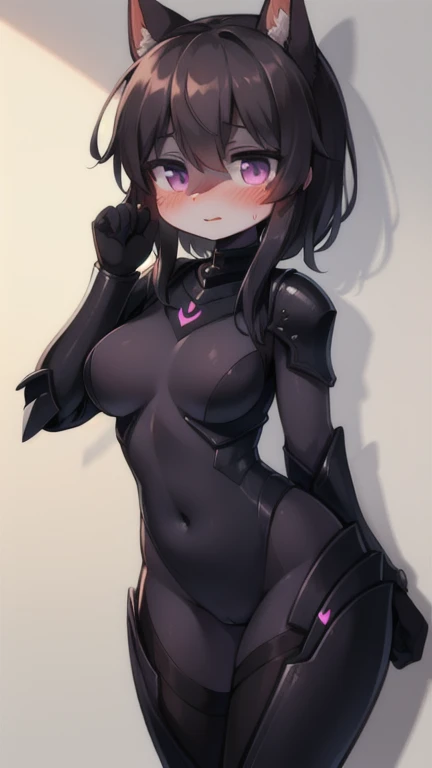 a woman with wavy black hair and purple eyes, black alien armor, parts, blush, shadow, beautiful face