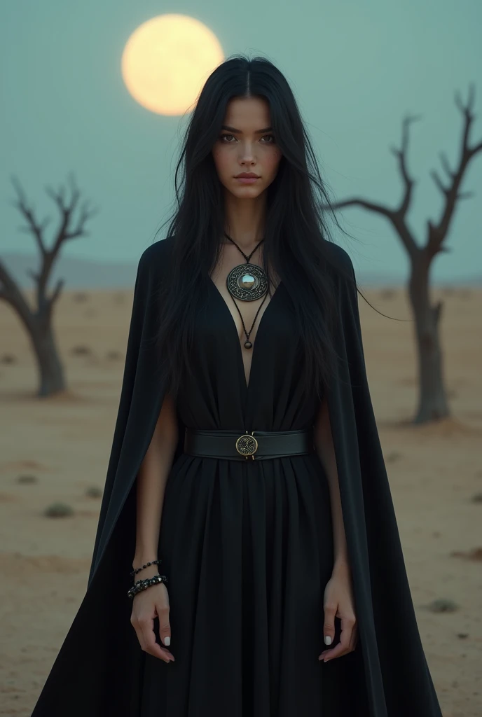A young witch (Beautiful face) standing in front of the desert having few trees, wearing a circular amulet, with a full moon in the sky, black hair, she's wearing a black cloak , (extremely detailed CG unified 8k wallpaper), highly detailed, masterpiece, (HDR)(wallpaper) (Film lighting)(Sharp focus), (extremely detailed CG unity 8k wallpaper), (best quality)