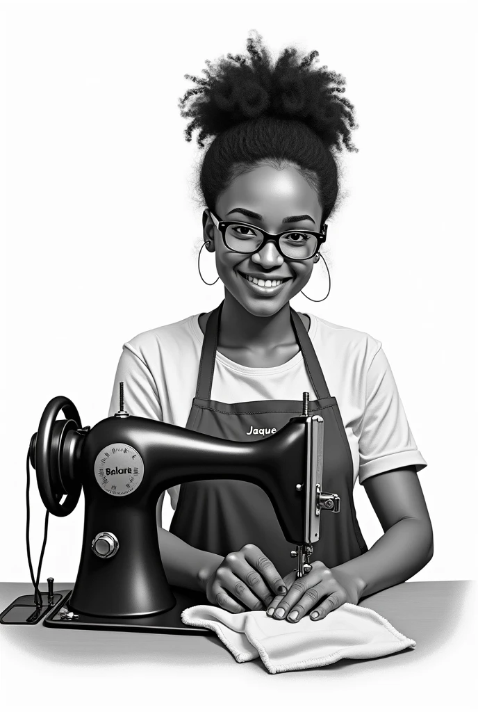 Drawing of a black Brazilian mother with curly hair tied up wearing glasses with a sewing machine and a white background with her name on the apron Jaque