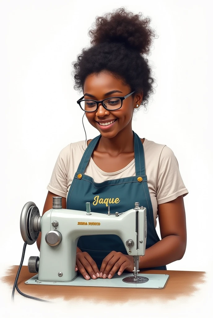 Drawing of a black Brazilian mother with curly hair tied up wearing glasses with a sewing machine and a white background with her name on the apron Jaque