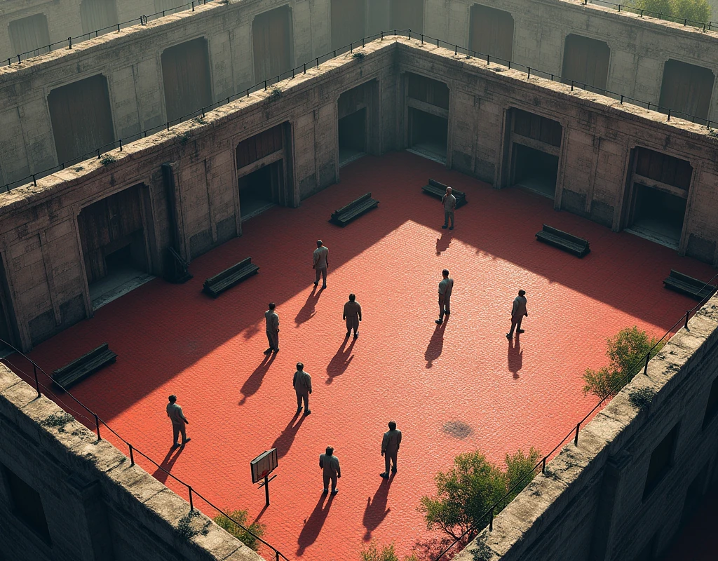 Prison courtyard paved with red bricks 
