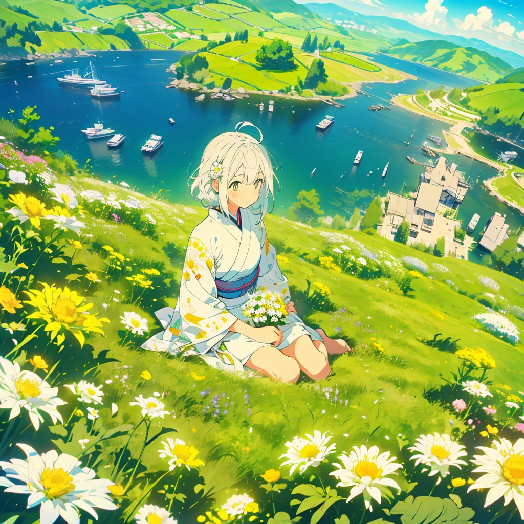 A girl on a hill with small white chrysanthemums with yellow centers at her feet、Netherlands and Japan、Screen Split