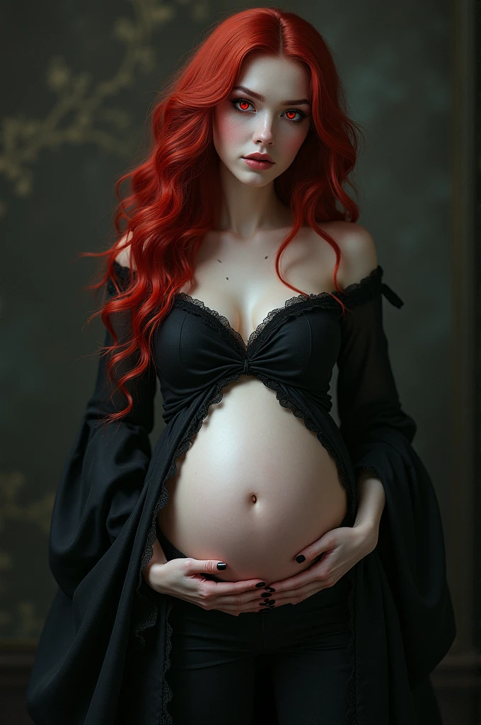 It would be a girl who is pregnant , about 5  ,
Who has marked hair , crimson red eyes , Pale skin and so pretty with somewhat elegant clothes with dark colors