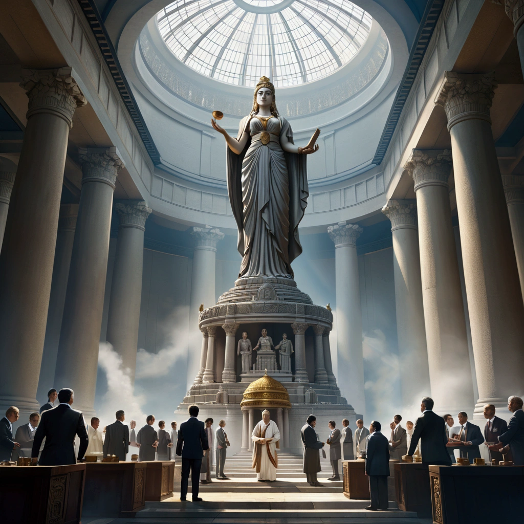 A captivating cinematic poster of an ancient temple that resembles a grand bank. The building features massive columns, intricate carvings, and arched windows. Upon entering, one is greeted by a large stained-glass dome that floods the interior with sunlight, casting rays onto a towering statue of a beautiful yet stern goddess. She holds a scroll in one hand and a set of scales in the other. The surroundings include a podium reminiscent of a stock exchange, a bowl for offerings, and polished granite flooring. The walls are adorned with numerous bas-reliefs depicting trade, legal proceedings, office work, and gambling. The similarity to a stock exchange emphasizes the bustling atmosphere. Numerous tables line the perimeter, where parishioners are engaged in discussing business and completing various documents. Priests dressed in business attire, photo, cinematic, illustration, poster